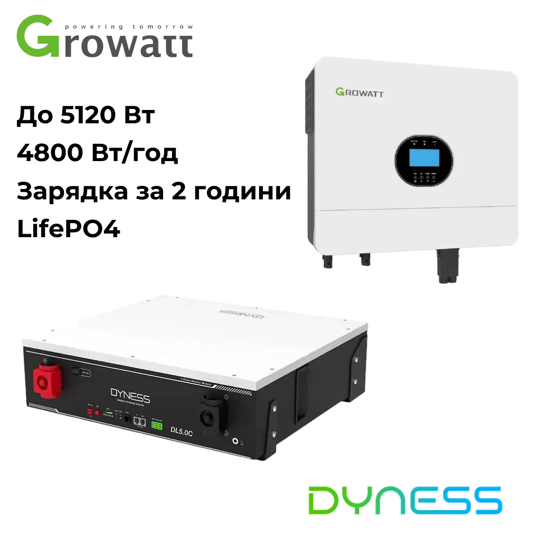 ДБЖ для дому Growatt SPF 6000 ES Plus 6кВт + DYNESS DL5.0C LifePO4 5,12кВт/год
