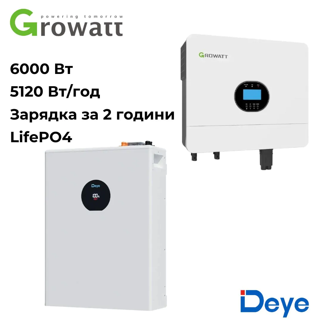 ДБЖ для дому Growatt SPF 6000 ES Plus 6кВ + Deye SE-F5 Pro-C LiFePO4 5,12 кВт/год