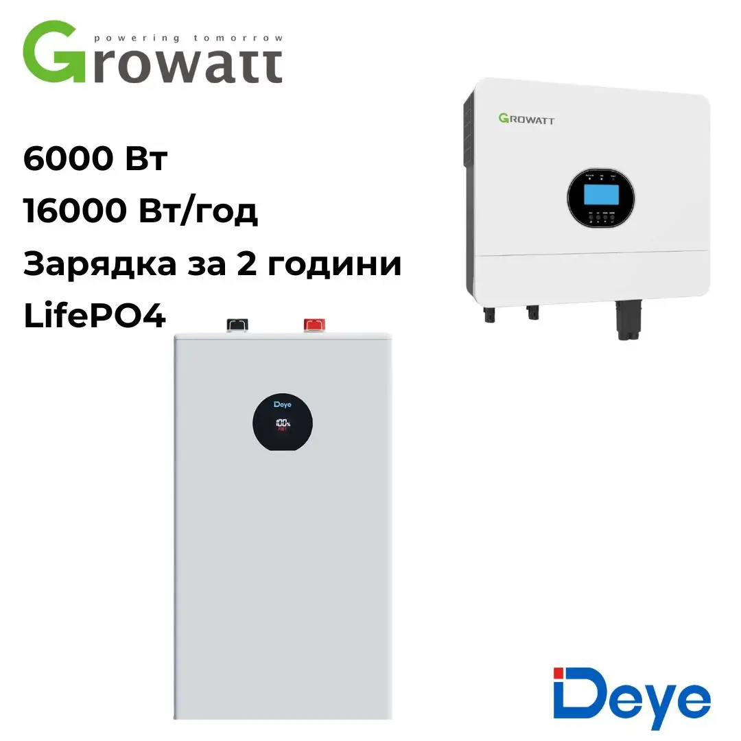 ДБЖ для дому Growatt SPF 6000 6кВт + Deye SE-F16-C LiFePO4 16кВт/год